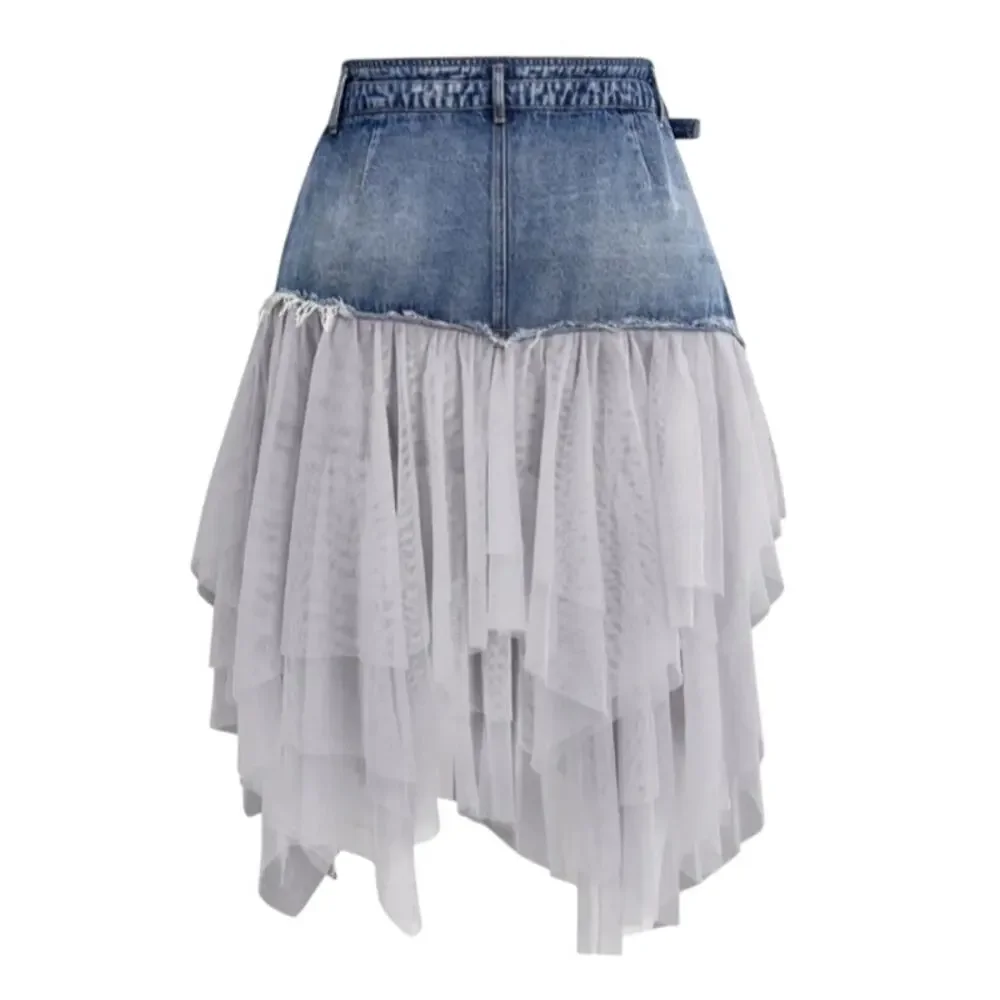 Micas denim & tulle midi skirt in light blue and gray - Picture 4 of 8